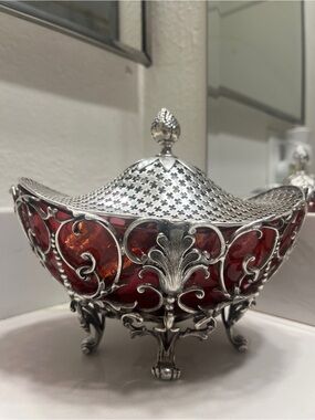 Red Glass and Silver Filigree Covered Decorative Dish